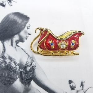 Vintage Holiday red enamel crystal sleigh brooch